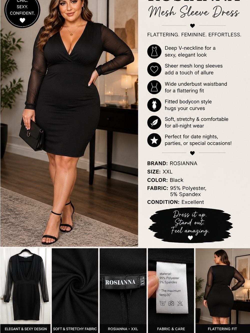 Rosanna Black Sheer Mesh Sleeve V-Neck Bodycon Dress